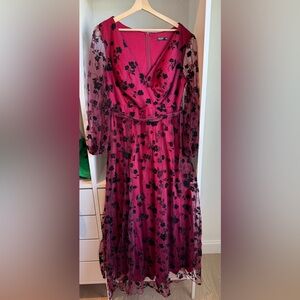 Fuchsia Floral Mesh Midi Dress with Black Velvet Appliqué